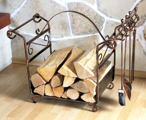 Firewood shelf with firepoker set Art.183 Firewood stand 77cm Wood basket - Firepoker-Set