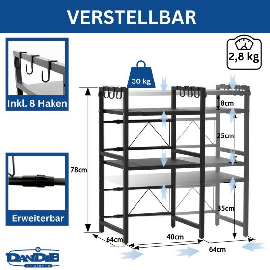 DanDiBo Adjustable Kitchen Shelf for Countertop Black Standing 3-Tier 40-64 cm Kitchen Shelf 96614 Standing Shelf