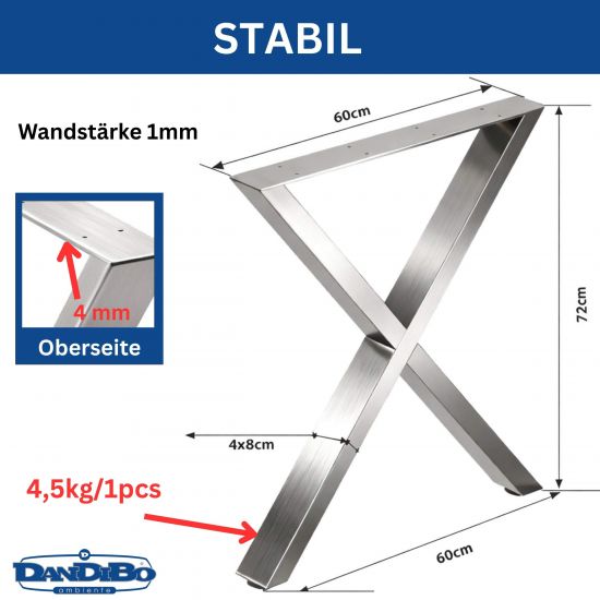 Preview: DanDiBo 2x Stainless Steel Table Legs 72 x 60 cm Table Frame Height Adjustable 96676 Table Feet Furniture Legs Table Runners Dining Table Legs