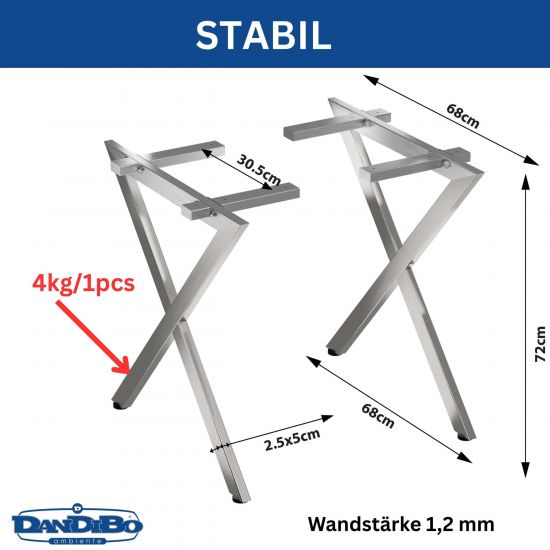 Preview: DanDiBo 2x Tischbeine Edelstahl 72 x 68 cm Tischgestell Höhenverstellbar 96678 Tischfüße Möbelfüße Tischkufen Esstisch Beine