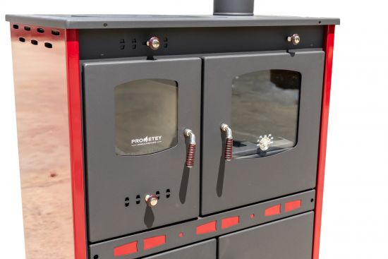 Kaminofen mit Backfach und Herdplatte Perfect Eco Lux Rot Rechts Holzofen 7 kW Kamin Ofen Holz Werkstattofen Hüttenofen Heizofen Gartenofen