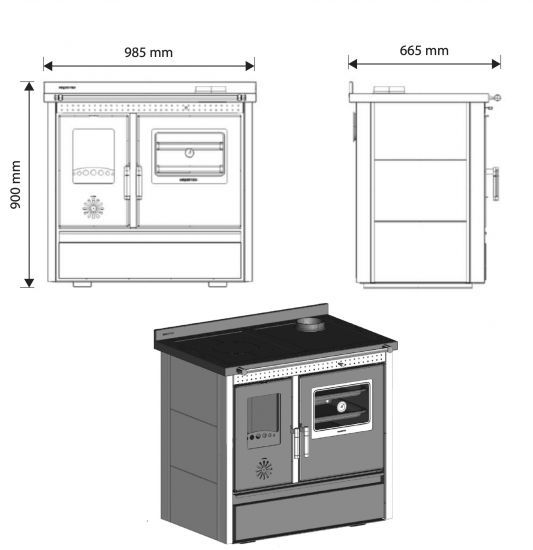 Kaminofen mit Backfach und Herdplatte 4050 Lotus Inox Schwarz Holzofen 11 kW Holz Ofen Mehrfachbelegung Kamin Heizofen Küchenherd