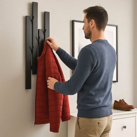 DanDiBo Garderobe Wand Schwarz Metall 96642 Wandgarderobe mit 8 Haken Schmal Flurgarderobe Modern Hakenleiste Garderobenhaken