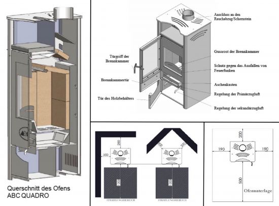 EEK A ABC Quadro Inox wood-burning stove 9.5 kW with multiple occupancy Fireplace Stove Wood-burning stove Workshop stove Heating stove