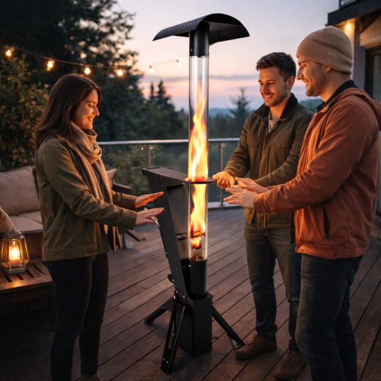 Babas Diamond Z Pellets Feuerrohr Pelletfackel Feuersäule 200 cm 12 kW Schwarz Metal Outdoor Terassenheizer Heizpilz