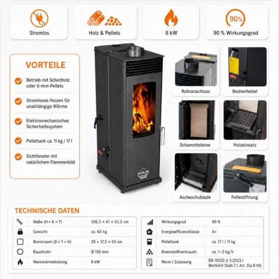Preview: Babas Eco Mini Hybridofen Pellets und Holz Kombiofen Kaminofen 8 kW Pelletofen ohne Strom Schwarz Holzofen Holz Ofen Kamin