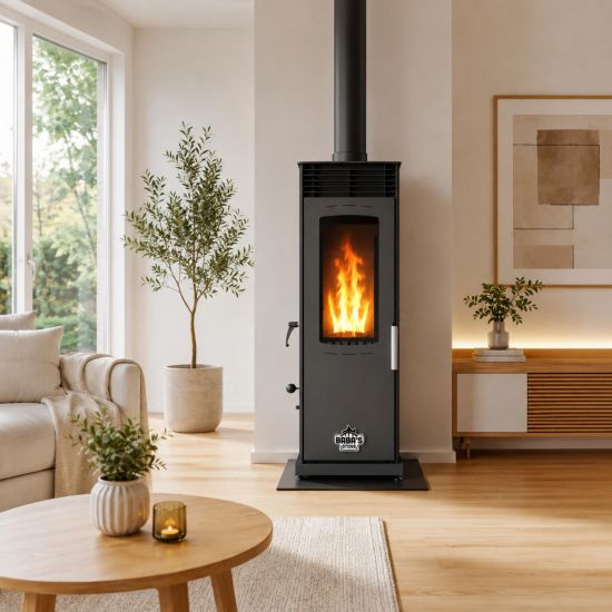 Babas Eco Mini Hybridofen Pellets und Holz Kombiofen Kaminofen 8 kW Pelletofen ohne Strom Schwarz Holzofen Holz Ofen Kamin