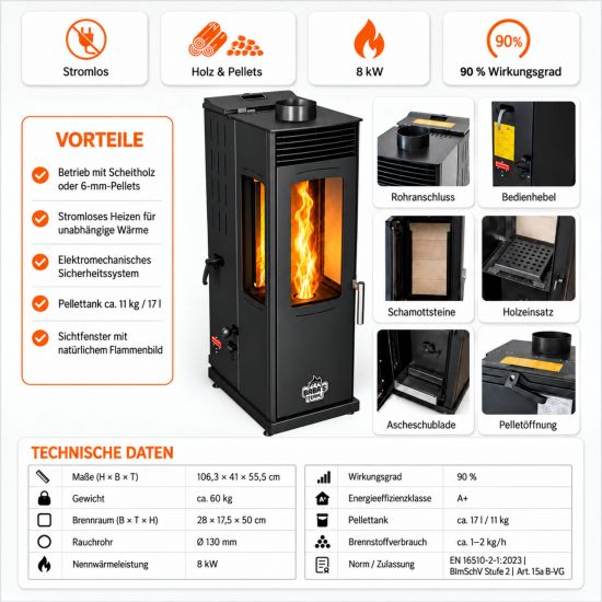 Preview: Baba’s Eco Mini Plus Panoramic Hybrid Stove Pellet and Wood Combination Stove Fireplace Stove 8 kW Pellet Stove Without Electricity Black Wood-Burning Stove Wood Stove Fireplace