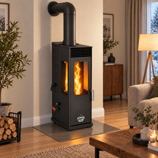 Baba’s Eco Mini Plus Panoramic Hybrid Stove Pellet and Wood Combination Stove Fireplace Stove 8 kW Pellet Stove Without Electricity Black Wood-Burning Stove Wood Stove Fireplace