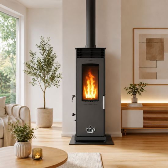 Baba’s Eco Mini Plus Panoramic Hybrid Stove Pellet and Wood Combination Stove Fireplace Stove 8 kW Pellet Stove Without Electricity Black Wood-Burning Stove Wood Stove Fireplace