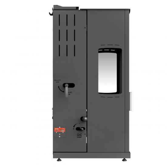 Preview: Babas Eco Plus Panorama Hybridofen Pellets und Holz Kombiofen Kaminofen 8 kW Pelletofen ohne Strom Schwarz Holzofen Holz Ofen Kamin