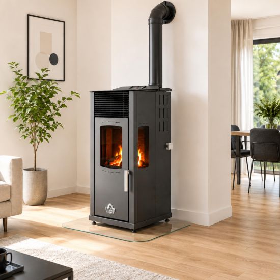 Babas Eco Plus Panorama Hybridofen Pellets und Holz Kombiofen Kaminofen 8 kW Pelletofen ohne Strom Schwarz Holzofen Holz Ofen Kamin