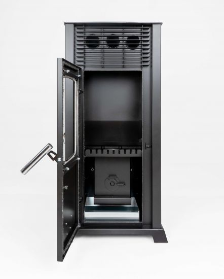 Babas Eco Plus Panorama Hybridofen Pellets und Holz Kombiofen Kaminofen 8 kW Pelletofen ohne Strom Schwarz Holzofen Holz Ofen Kamin