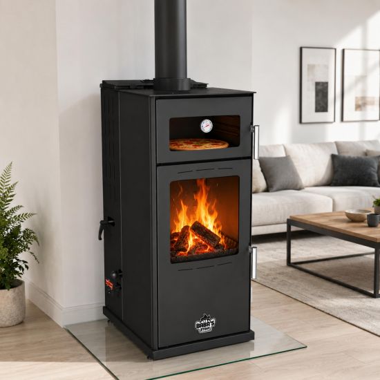 Babas Gold Hybridofen Pellets und Holz Kombiofen Kaminofen mit Backfach 12 kW Schwarz Holzofen Holz Ofen Kamin