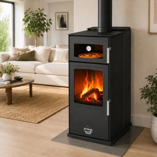 Babas Gold Hybridofen Pellets und Holz Kombiofen Kaminofen mit Backfach 12 kW Schwarz Holzofen Holz Ofen Kamin