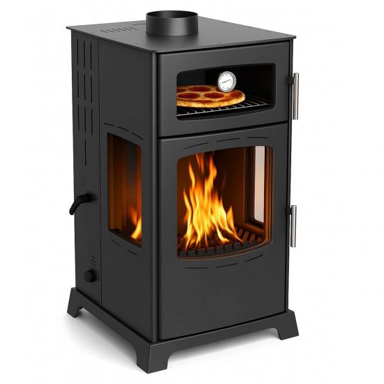 Babas Gold Plus Hybridofen Pellets und Holz Kombiofen Kaminofen mit Backfach Panorama 12 kW Schwarz Holzofen Holz Ofen Kamin