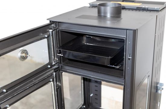 Babas Gold Plus Hybridofen Pellets und Holz Kombiofen Kaminofen mit Backfach Panorama 12 kW Schwarz Holzofen Holz Ofen Kamin