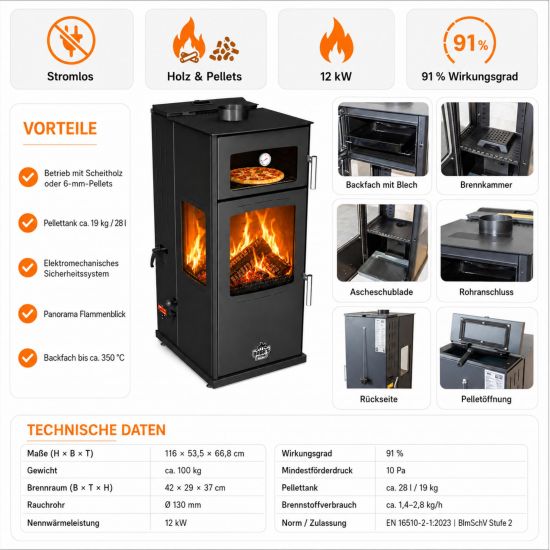 Babas Gold Plus Hybridofen Pellets und Holz Kombiofen Kaminofen mit Backfach Panorama 12 kW Schwarz Holzofen Holz Ofen Kamin