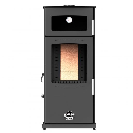 Babas Gold Plus Hybridofen Pellets und Holz Kombiofen Kaminofen mit Backfach Panorama 12 kW Schwarz Holzofen Holz Ofen Kamin