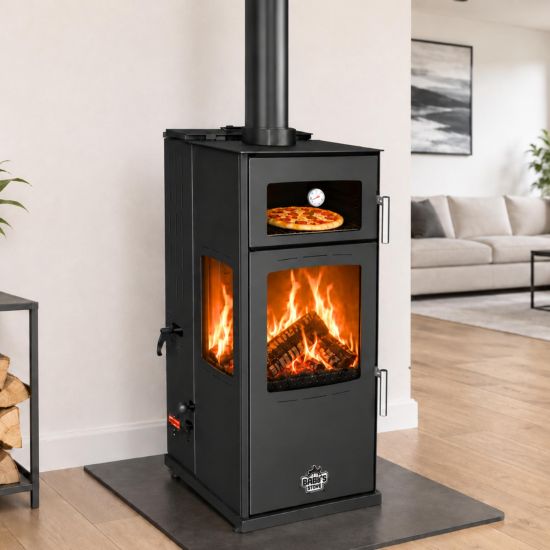 Babas Gold Plus Hybridofen Pellets und Holz Kombiofen Kaminofen mit Backfach Panorama 12 kW Schwarz Holzofen Holz Ofen Kamin