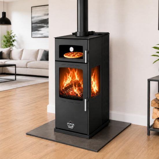 Babas Gold Plus Hybridofen Pellets und Holz Kombiofen Kaminofen mit Backfach Panorama 12 kW Schwarz Holzofen Holz Ofen Kamin