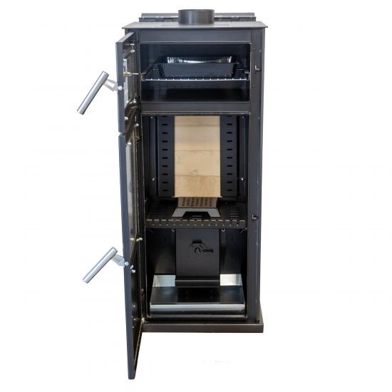 Babas Gold Plus Hybridofen Pellets und Holz Kombiofen Kaminofen mit Backfach Panorama 12 kW Schwarz Holzofen Holz Ofen Kamin