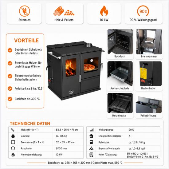 Preview: Babas Saphire Hybridofen Pellets und Holz Kombiofen Kaminofen mit Backfach und Herdplatte 10 kW Pelletofen ohne Strom Holzofen Holz Ofen Kamin