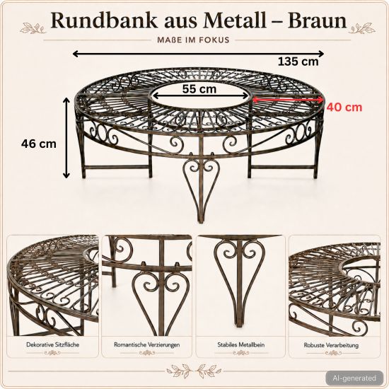 Preview: DanDiBo Round Metal Tree Bench Brown Weatherproof Ø 135 cm Tree Bench 96188 Garden Bench Park Bench Seat