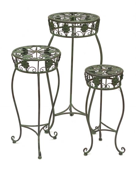 Preview: Blumenhocker Metall Grün Rund Blumenständer 96008 3er Set Blumensäule Antik Pflanzenständer Pflanzenhocker Vintage