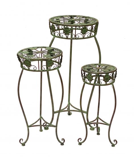 Blumenhocker Metall Grün Rund Blumenständer 96008 3er Set Blumensäule Antik Pflanzenständer Pflanzenhocker Vintage