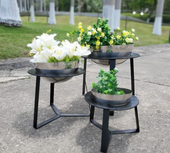 DanDiBo Flower Stool Metal with Pot Black Silver Flower Stand 96091 Set of 3 Flower Column Modern Plant Stand Plant Stool