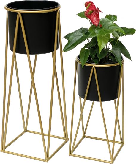 DanDiBo Flower Stool with Pot Metal Gold Black Set of 2 Flower Stands 96046 Flower Column Modern Plant Stand Plant Stool