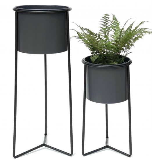 DanDiBo Blumenhocker mit Topf Metall Schwarz Grau 2er Set Blumenständer 96049 Blumensäule Modern Pflanzenständer Pflanzenhocker