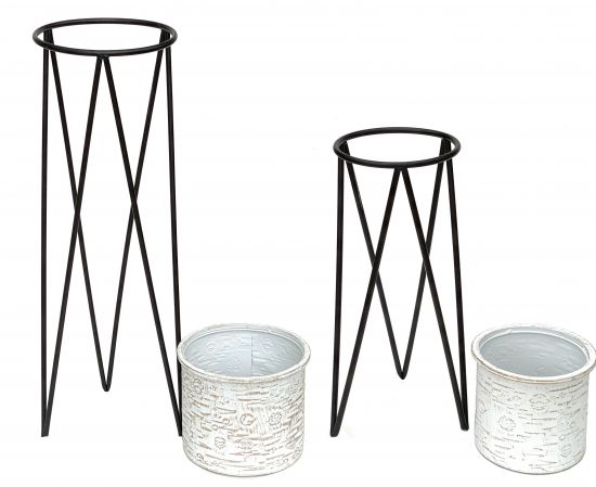 DanDiBo Blumenhocker mit Topf Metall Schwarz Weiß 2er Set Blumenständer 96043 Blumensäule Modern Pflanzenständer Pflanzenhocker