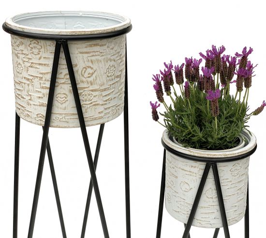 DanDiBo Blumenhocker mit Topf Metall Schwarz Weiß 2er Set Blumenständer 96043 Blumensäule Modern Pflanzenständer Pflanzenhocker