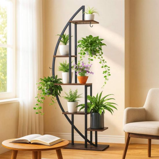 DanDiBo Plant Stand Indoor 160 cm High Metal Black Half Round 96645 Large Flower Shelf Round Plant Stand Modern Design