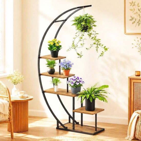 DanDiBo Pflanzenregal Indoor Blumenregal 170 cm Hoch Metall Schwarz Halbrund 96699 Blumentreppe Groß Rund Pflanzenständer plant stand