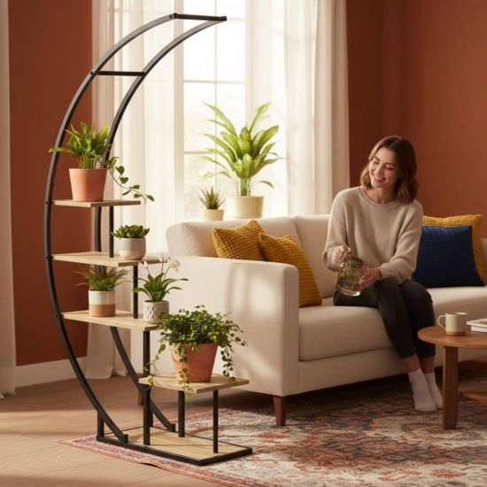 DanDiBo Pflanzenregal Indoor Blumenregal 170 cm Hoch Metall Schwarz Halbrund 96699 Blumentreppe Groß Rund Pflanzenständer plant stand
