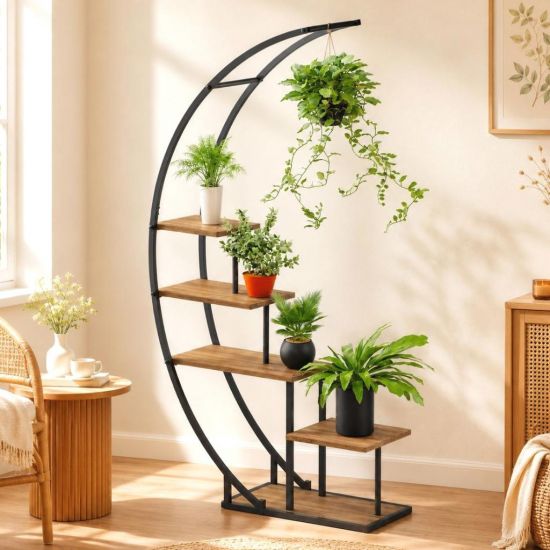 DanDiBo Pflanzenregal Indoor Blumenregal 170 cm Hoch Metall Schwarz Halbrund 96699 Blumentreppe Groß Rund Pflanzenständer plant stand