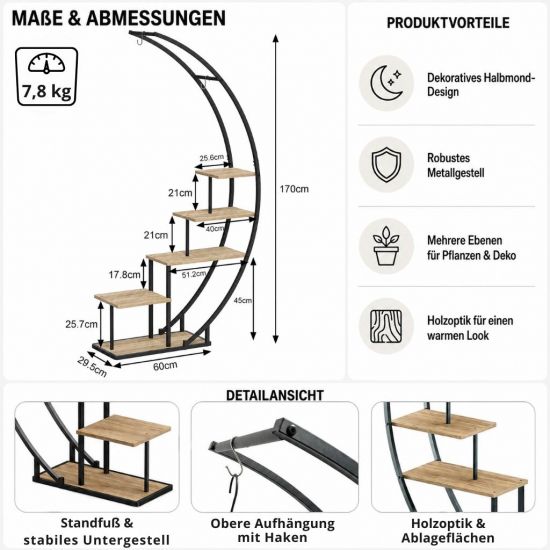 Preview: DanDiBo Pflanzenregal Indoor Blumenregal 170 cm Hoch Metall Schwarz Halbrund 96699 Blumentreppe Groß Rund Pflanzenständer plant stand