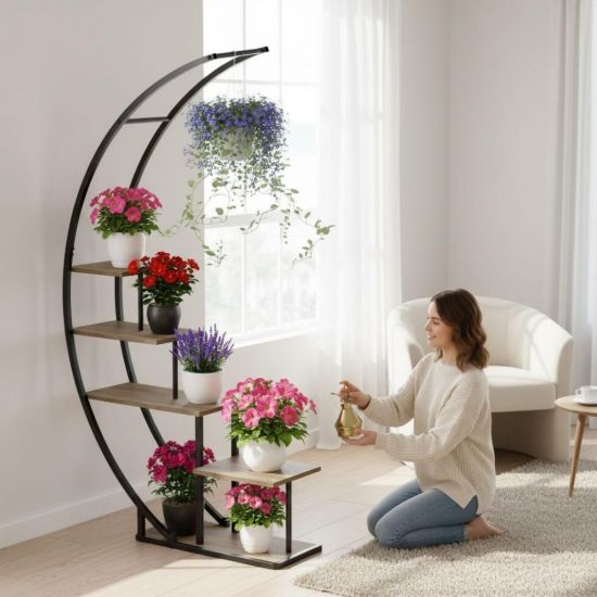 Preview: DanDiBo Pflanzenregal Indoor Blumenregal 170 cm Hoch Metall Schwarz Halbrund 96699 Blumentreppe Groß Rund Pflanzenständer plant stand