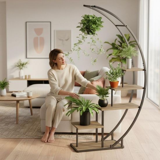 DanDiBo Pflanzenregal Indoor Blumenregal 170 cm Hoch Metall Schwarz Halbrund 96699 Blumentreppe Groß Rund Pflanzenständer plant stand