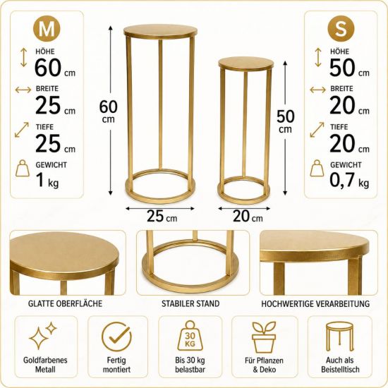Preview: DanDiBo Metal Plant Stand Gold Round 96510 Set of 3 Plant Stands Flower Stools Side Tables Flower Columns Modern Plant Holders