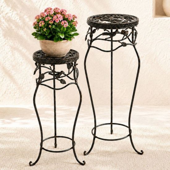 DanDiBo Blumenständer Metall Schwarz /Braun Antik Rund 18215 2er Set 65 cm / 78 cm Pflanzenständer Blumenhocker Beistelltisch Blumensäule Pflanzenhocker