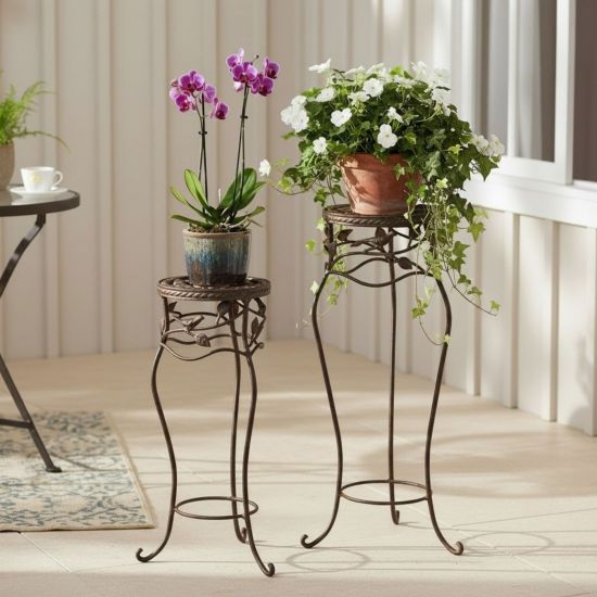 DanDiBo Blumenständer Metall Schwarz /Braun Antik Rund 18215 2er Set 65 cm / 78 cm Pflanzenständer Blumenhocker Beistelltisch Blumensäule Pflanzenhocker