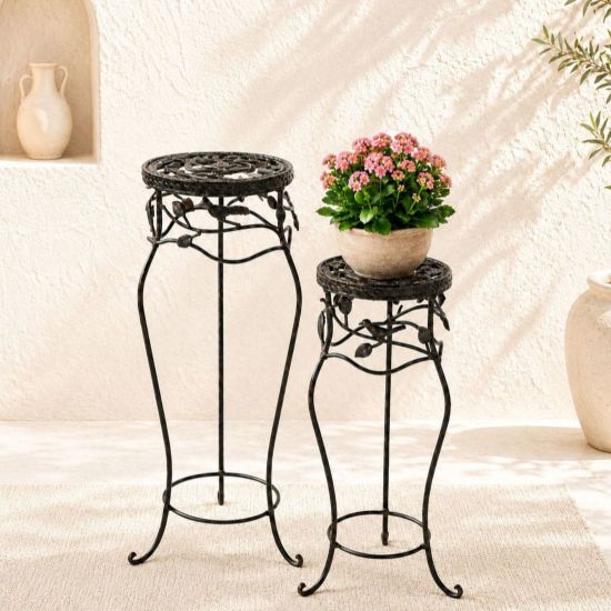 DanDiBo Blumenständer Metall Schwarz /Braun Antik Rund 18215 2er Set 65 cm / 78 cm Pflanzenständer Blumenhocker Beistelltisch Blumensäule Pflanzenhocker