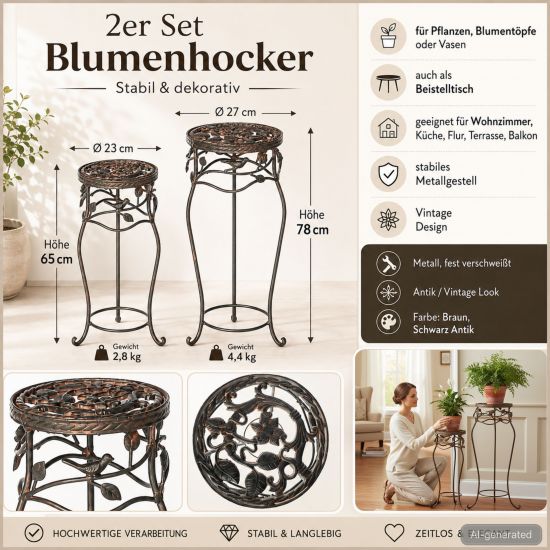Preview: DanDiBo Blumenständer Metall Schwarz /Braun Antik Rund 18215 2er Set 65 cm / 78 cm Pflanzenständer Blumenhocker Beistelltisch Blumensäule Pflanzenhocker