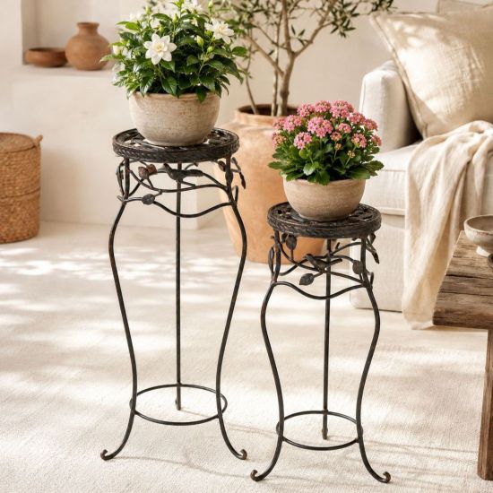 DanDiBo Blumenständer Metall Schwarz /Braun Antik Rund 18215 2er Set 65 cm / 78 cm Pflanzenständer Blumenhocker Beistelltisch Blumensäule Pflanzenhocker