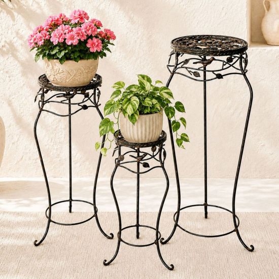 DanDiBo Blumenständer Metall Schwarz /Braun Antik Rund 18215 3er Set 52 cm / 65 cm / 78 cm Pflanzenständer Blumenhocker Beistelltisch Blumensäule Pflanzenhocker
