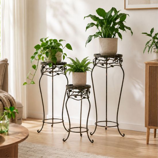 DanDiBo Blumenständer Metall Schwarz /Braun Antik Rund 18215 3er Set 52 cm / 65 cm / 78 cm Pflanzenständer Blumenhocker Beistelltisch Blumensäule Pflanzenhocker